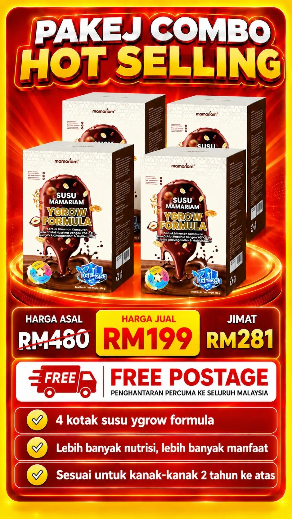 Pakej Combo Hot Selling Susu Mamariam YGROW Formula 4 Kotak RM199